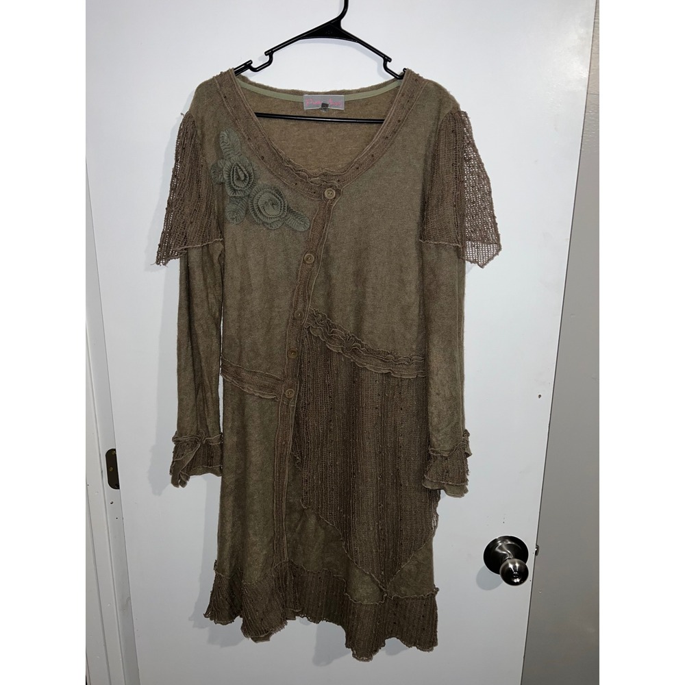 Pretty Angel Brown Knit Lace Floral Applique Tunic Top Size L Boho Mori Kei